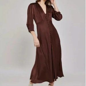 Ghost London Madison Dress Brown Size XS Satin Button Front $260